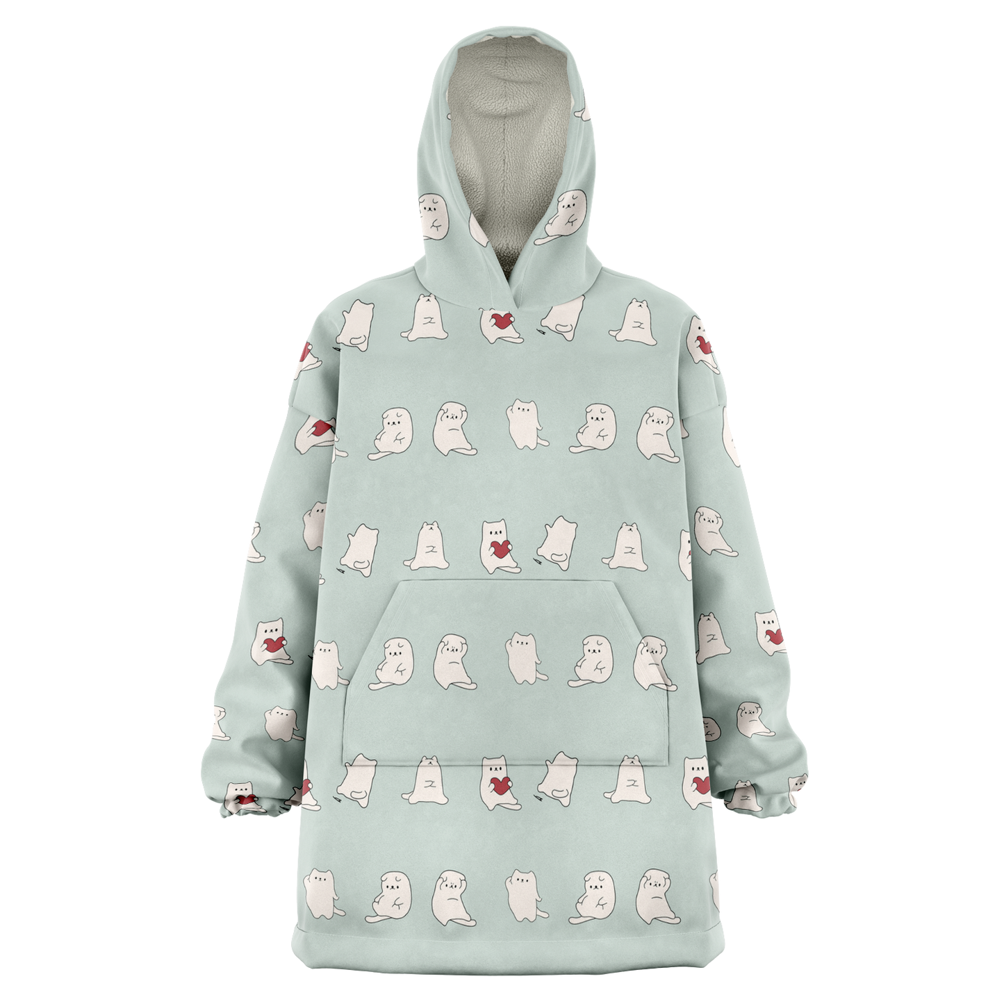 Fuwa Neko All Over Print Hooded Blanket - Sea Mist