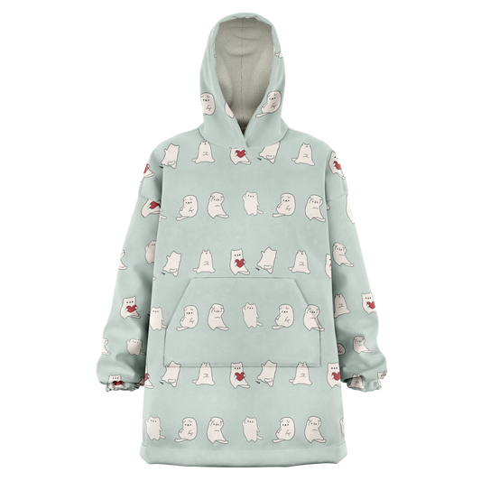 Fuwa Neko All Over Print Hooded Blanket - Sea Mist