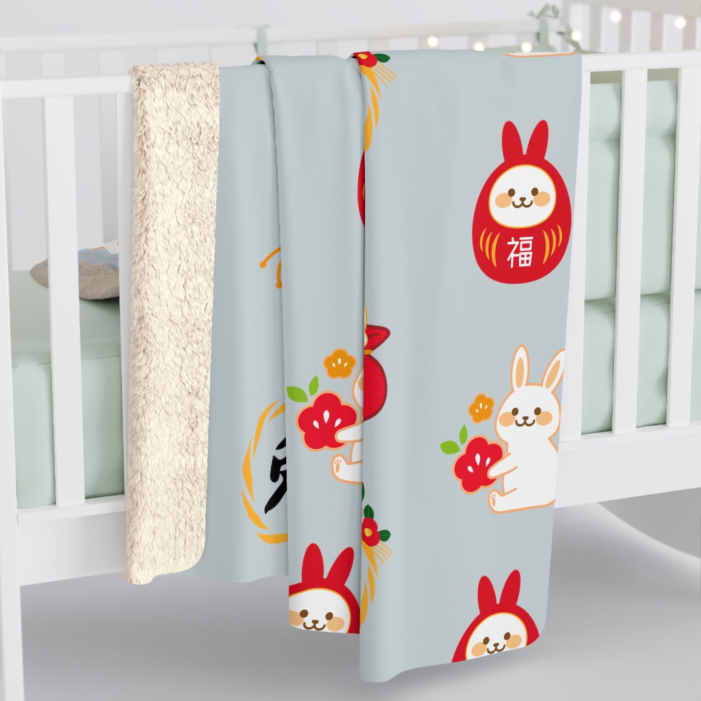 Year of the Rabbit Sherpa Fleece Blanket - Baby Blue