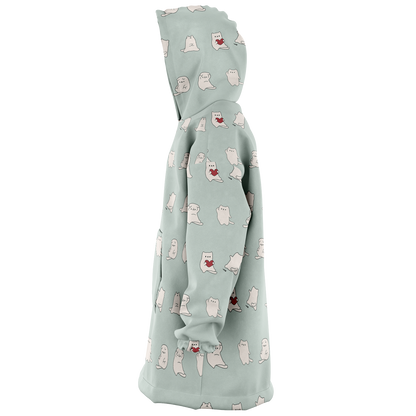 Fuwa Neko All Over Print Hooded Blanket - Sea Mist