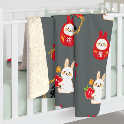 Year of the Rabbit Sherpa Fleece Blanket - Charcoal