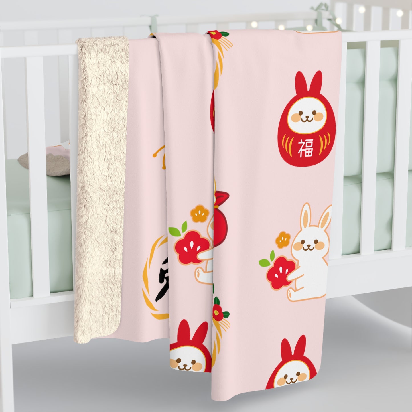 Year of the Rabbit Sherpa Fleece Blanket - Baby Pink