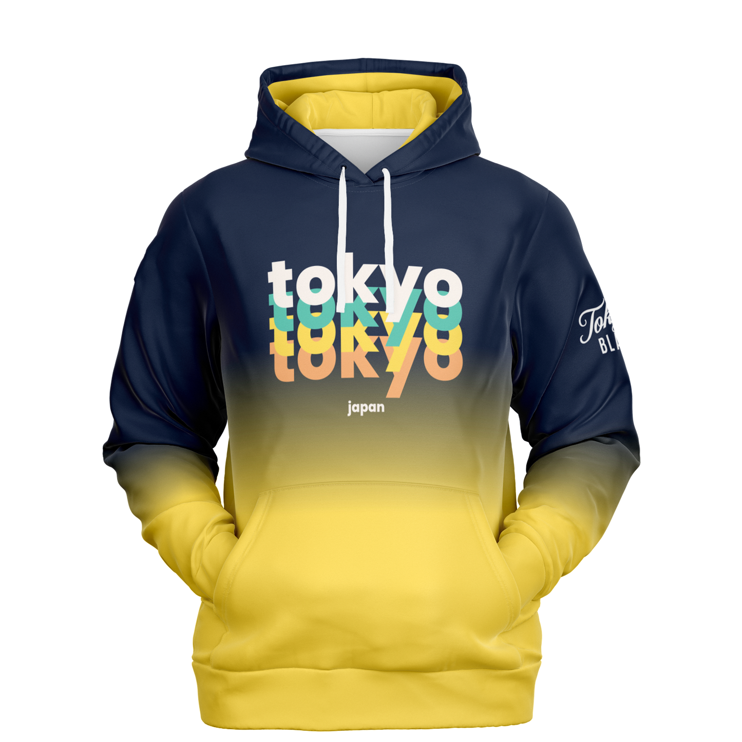 Tokyo Stacked Quad Print Hoodie - Navy + Yellow