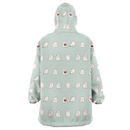 Fuwa Neko All Over Print Hooded Blanket - Sea Mist